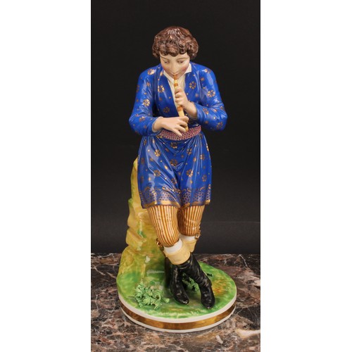 180 - A pair of Bloor Derby figures, of a musician and his companion, he seated on rocky outcrop playing h... 