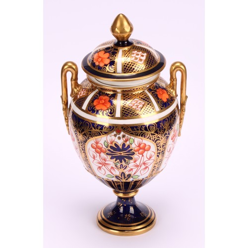 220 - A Royal Crown Derby 1128 Imari pattern two-handled ovoid pedestal vase, matched domed cover, circula... 