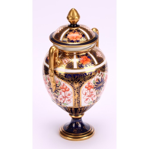 220 - A Royal Crown Derby 1128 Imari pattern two-handled ovoid pedestal vase, matched domed cover, circula... 