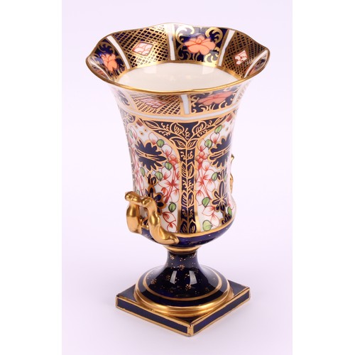 204 - A Royal Crown Derby 1128 Imari pattern campana shaped two-handled octagonal vase, of slender form, s... 