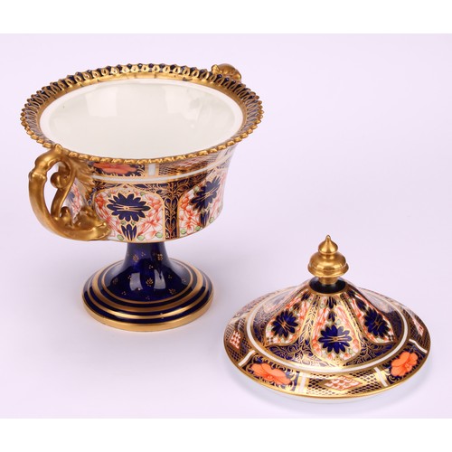 205 - A Royal Crown Derby 1128 Imari pattern campana shaped two-handled vase and cover, castellated rim, f... 