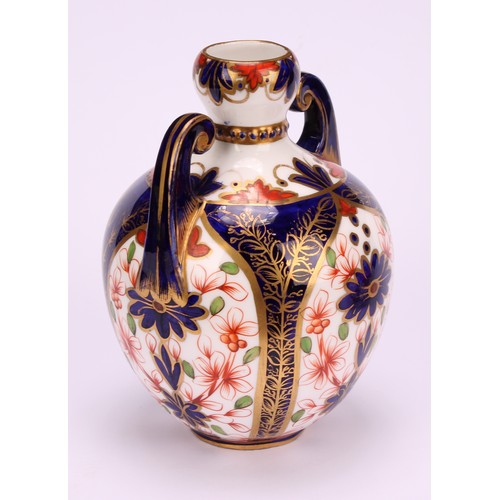 222 - A Royal Crown Derby 876 Imari pattern krater-shaped ovoid vase, scroll handles, beaded collar, 14cm ... 