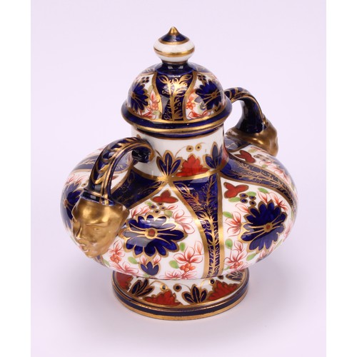 202 - A pair of Royal Crown Derby Imari pattern compressed ovoid two-handled pedestal vases, domed covers,... 