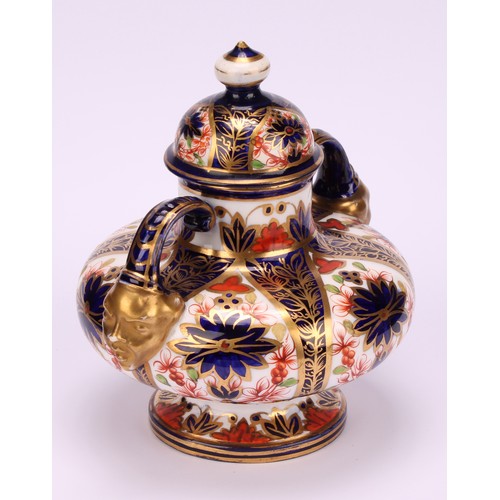 202 - A pair of Royal Crown Derby Imari pattern compressed ovoid two-handled pedestal vases, domed covers,... 