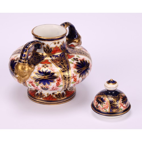 202 - A pair of Royal Crown Derby Imari pattern compressed ovoid two-handled pedestal vases, domed covers,... 