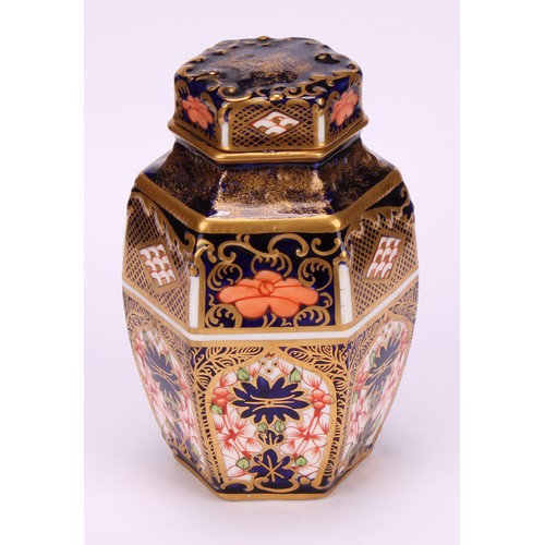 248 - An associated set of three Royal Crown Derby 1128 Imari pattern hexagonal caddies and covers, moulde... 