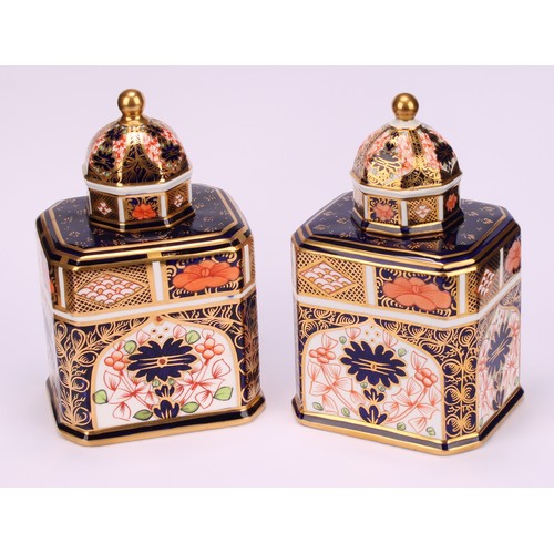 238 - An associated pair of Royal Crown Derby 1128 Imari pattern canted rectangular tea caddies, domed oct... 