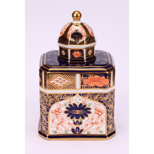 238 - An associated pair of Royal Crown Derby 1128 Imari pattern canted rectangular tea caddies, domed oct... 