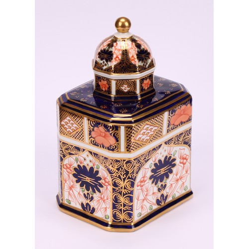 238 - An associated pair of Royal Crown Derby 1128 Imari pattern canted rectangular tea caddies, domed oct... 