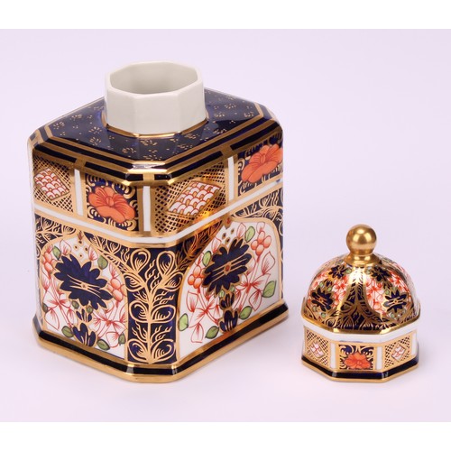 238 - An associated pair of Royal Crown Derby 1128 Imari pattern canted rectangular tea caddies, domed oct... 