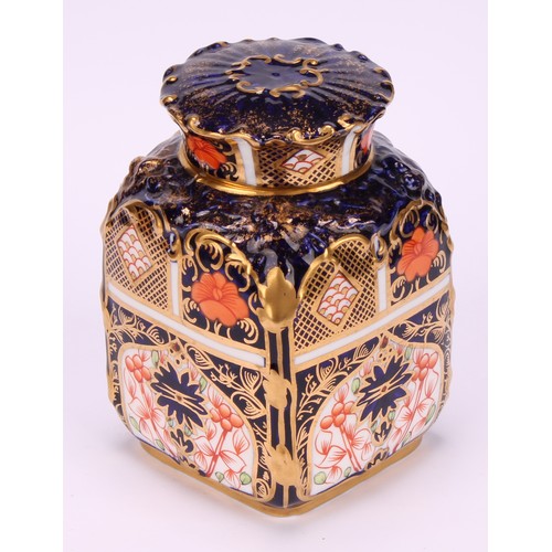 235 - A set of three Royal Crown Derby 1128 pattern shaped rectangular caddies, shaped circular covers, 10... 