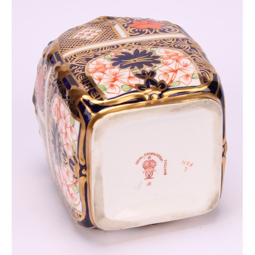 235 - A set of three Royal Crown Derby 1128 pattern shaped rectangular caddies, shaped circular covers, 10... 