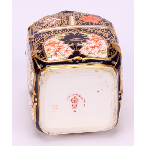 235 - A set of three Royal Crown Derby 1128 pattern shaped rectangular caddies, shaped circular covers, 10... 