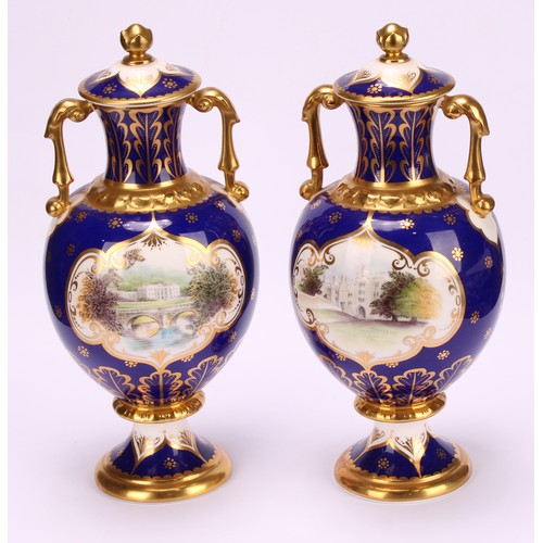 203 - A pair of Royal Crown Derby pedestal ovoid two handled vases and covers, The Chatsworth Vase and The... 