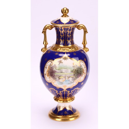 203 - A pair of Royal Crown Derby pedestal ovoid two handled vases and covers, The Chatsworth Vase and The... 