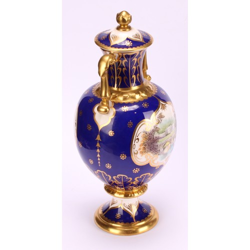 203 - A pair of Royal Crown Derby pedestal ovoid two handled vases and covers, The Chatsworth Vase and The... 