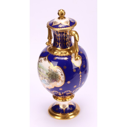 203 - A pair of Royal Crown Derby pedestal ovoid two handled vases and covers, The Chatsworth Vase and The... 