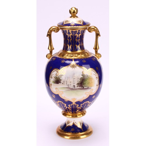 203 - A pair of Royal Crown Derby pedestal ovoid two handled vases and covers, The Chatsworth Vase and The... 