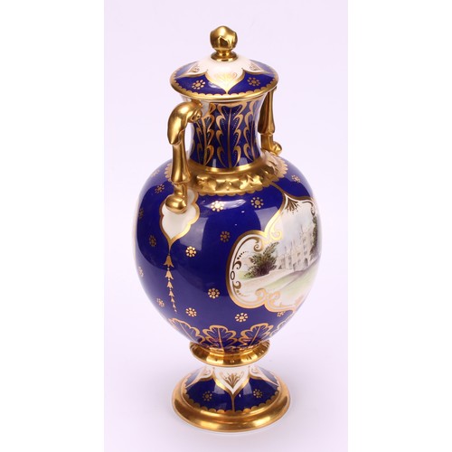 203 - A pair of Royal Crown Derby pedestal ovoid two handled vases and covers, The Chatsworth Vase and The... 