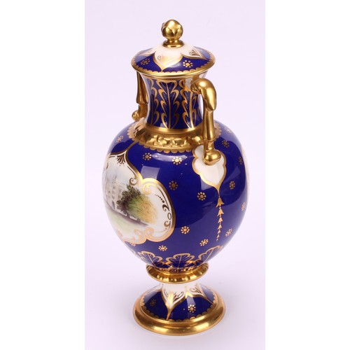 203 - A pair of Royal Crown Derby pedestal ovoid two handled vases and covers, The Chatsworth Vase and The... 