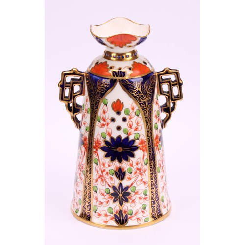 228 - A Royal Crown Derby Imari elongated ogee shaped two-handled vase and cover, Japanesque angular handl... 