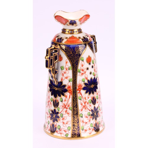 228 - A Royal Crown Derby Imari elongated ogee shaped two-handled vase and cover, Japanesque angular handl... 