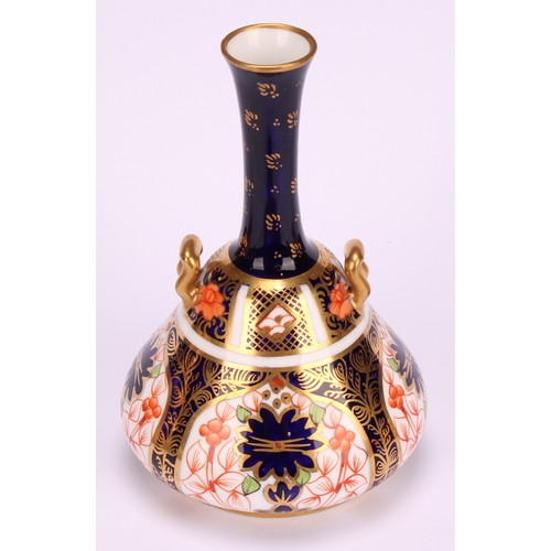 217 - A Royal Crown Derby 1128 Imari pattern two-handled bottle vase, of conical form, swan neck handles, ... 