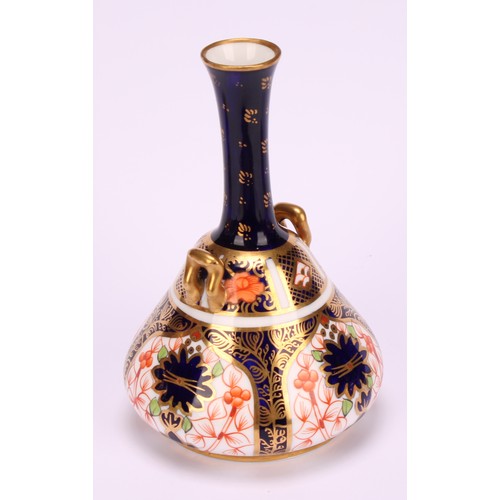 217 - A Royal Crown Derby 1128 Imari pattern two-handled bottle vase, of conical form, swan neck handles, ... 