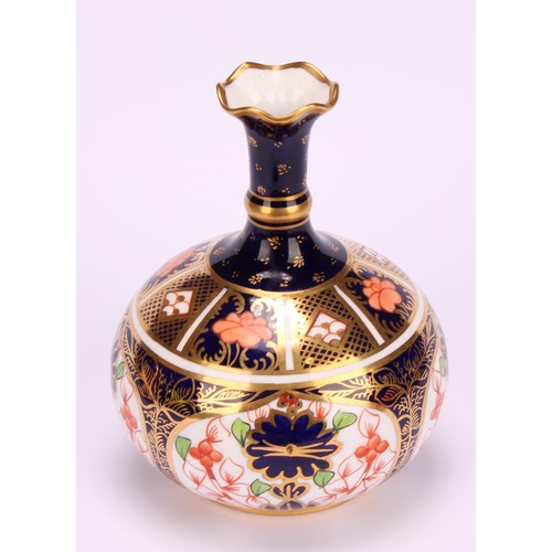 217 - A Royal Crown Derby 1128 Imari pattern two-handled bottle vase, of conical form, swan neck handles, ... 