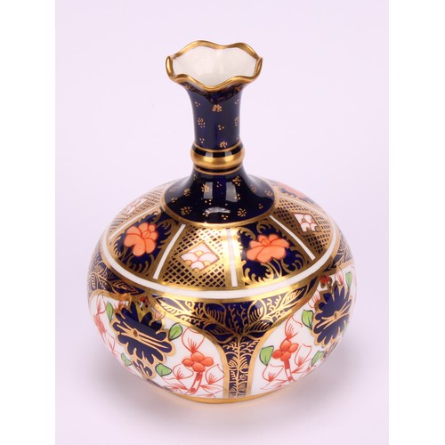 217 - A Royal Crown Derby 1128 Imari pattern two-handled bottle vase, of conical form, swan neck handles, ... 