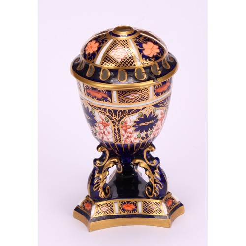 207 - A Royal Crown Derby 1128 Imari pattern flattened ovoid two-handled vase, rococo style handles, four ... 