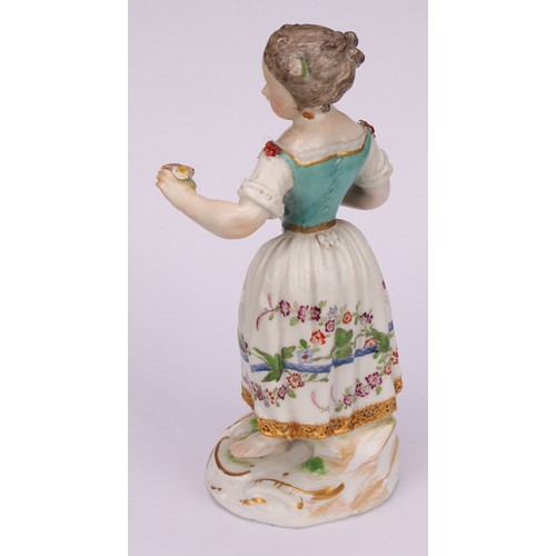 276 - A Meissen porcelain figure, of a girl wearing a floral dress, with posies in hand, scroll base, pick... 