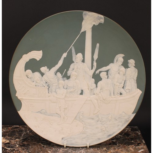 277 - A Metlach circular cameo charger, decorated by Stahl, signed, in white with a scene from the Trojan ... 