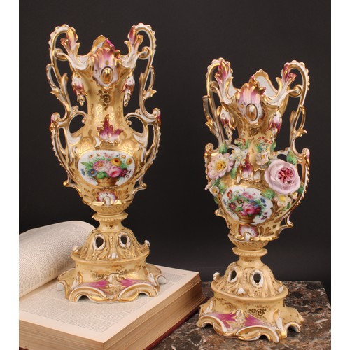 281 - A pair of 19th century French porcelain vases, in the Rococo Revival taste, painted and encrusted wi... 