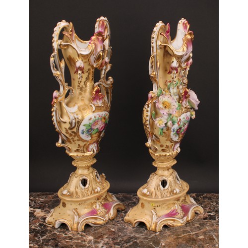 281 - A pair of 19th century French porcelain vases, in the Rococo Revival taste, painted and encrusted wi... 