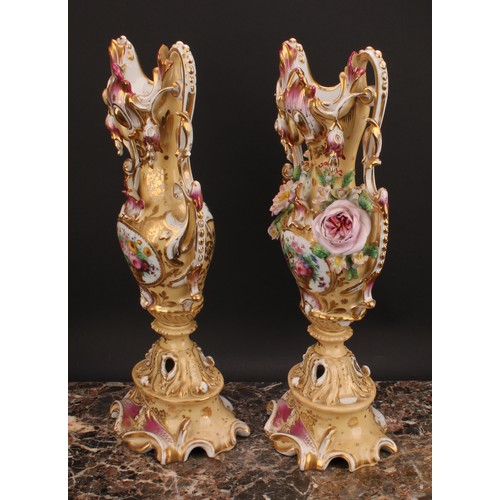 281 - A pair of 19th century French porcelain vases, in the Rococo Revival taste, painted and encrusted wi... 