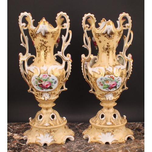 281 - A pair of 19th century French porcelain vases, in the Rococo Revival taste, painted and encrusted wi... 