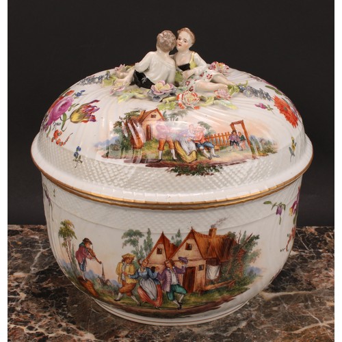 271 - A Dresden tureen and cover, decorated in polychrome with scenes of revelry, and Deutsche blumen, 26.... 