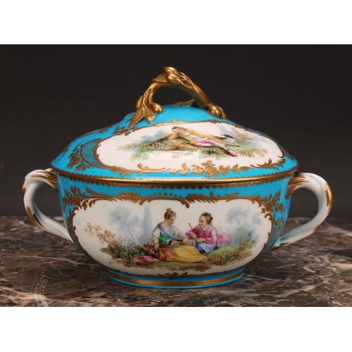 267 - A Continental porcelain eculle and cover, painted with courting couples in a pastoral idyl, within s... 