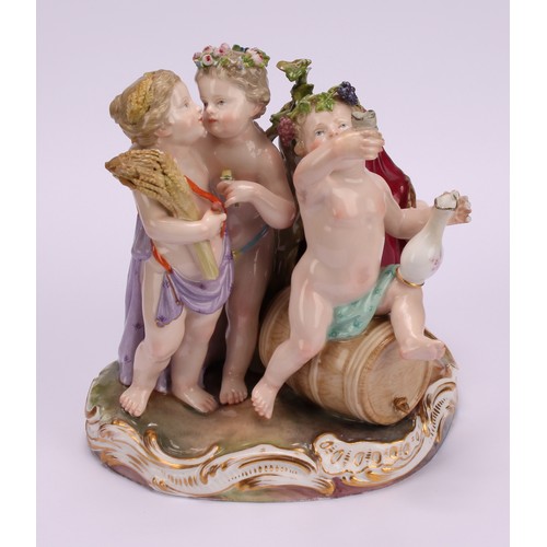 275 - A Meissen figure group, The Four Seasons, as four revelling putto, each with symbols of the seasons,... 