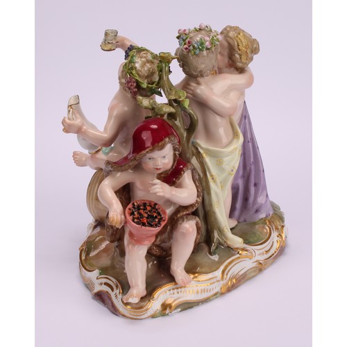 275 - A Meissen figure group, The Four Seasons, as four revelling putto, each with symbols of the seasons,... 