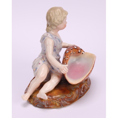 282 - A pair of 19th century Sitzendorf figural table salts, of children holding seashells, decorated in p... 