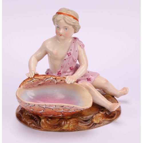 282 - A pair of 19th century Sitzendorf figural table salts, of children holding seashells, decorated in p... 