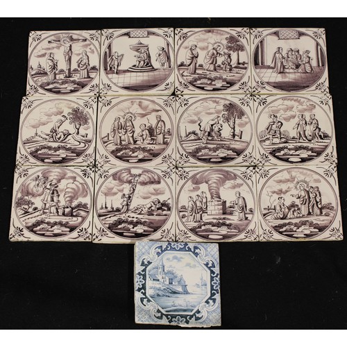 299 - Wall Tiles - a selection of Delft magenta tiles, assorted, one blue and white (13)