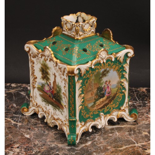 263 - A 19th century Jacob Petit, Paris, porcelain pot pourri, of square form, each side decorated with co... 