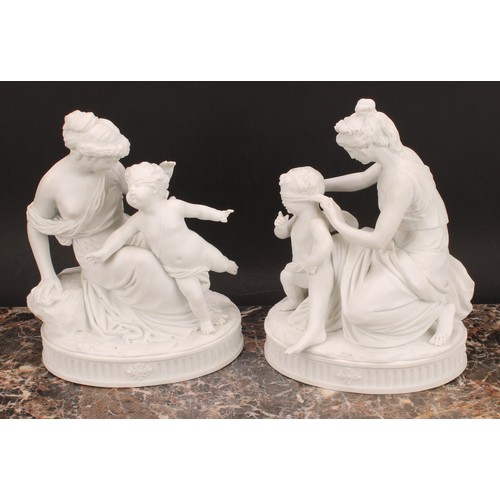 280 - A pair of 19th century French biscuit porcelain figure groups, Venus and Cupid, after Louis Simon Bo... 