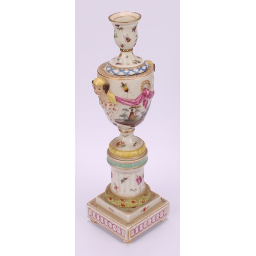 283 - A pair of Berlin porcelain cassolettes, each as a pedestal urn on column support, stepped square bas... 