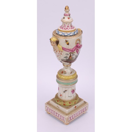 283 - A pair of Berlin porcelain cassolettes, each as a pedestal urn on column support, stepped square bas... 