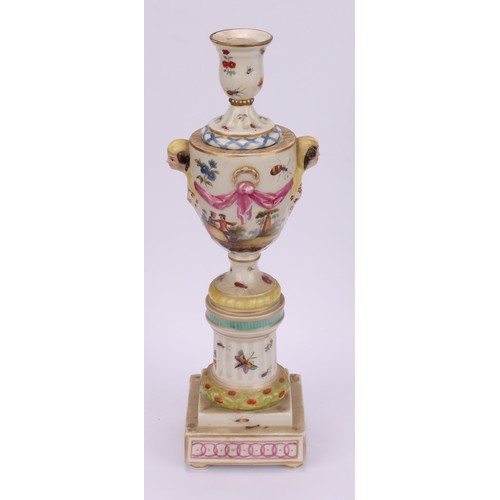 283 - A pair of Berlin porcelain cassolettes, each as a pedestal urn on column support, stepped square bas... 