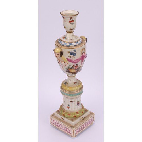 283 - A pair of Berlin porcelain cassolettes, each as a pedestal urn on column support, stepped square bas... 